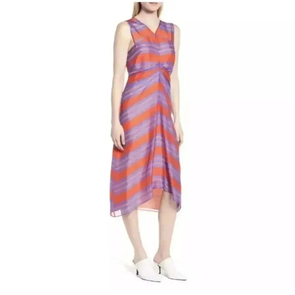 LEWIT 100% Silk Georgette‎ Striped Size 14 Midi Dress Flowy Lightweight Resort